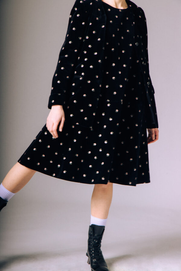 Black Printed Velvet A-Line Dress - immagine 5